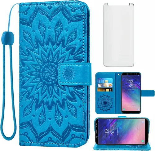Funda de teléfono para Samsung Galaxy A6 (2018) con protector de pantalla de vidrio templado y cubierta delgada de cuero, soporte para tarjetas,