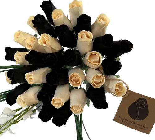 Miniatura 17 de Rojo con puntas negras y ramo de rosas de madera blanca (2 docenas)
