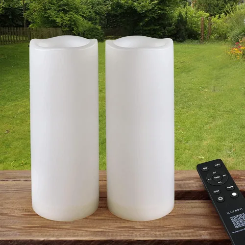 Paquete de 2 velas LED blancas para exteriores de 3 x 8 pulgadas, sin perfume, IP65, impermeable, funciona con pilas, pilar sin llama con control