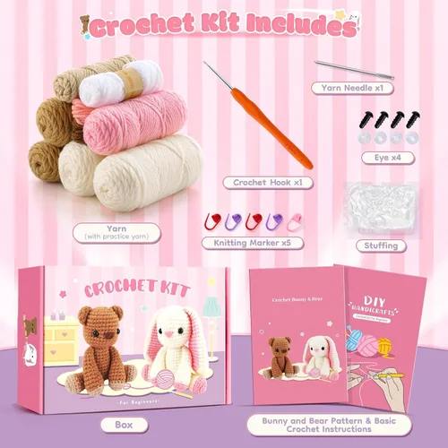 Miniatura 2 de Kit de ganchillo para principiantes, kit de ganchillo de conejo y oso con tutoriales en video paso a paso, kit de ganchillo de conejo para Conejo