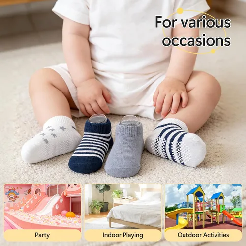 Miniatura 5 de Looching Calcetines tobilleros antideslizantes para bebés y niños pequeños, 12 pares de calcetines antideslizantes de algodón para niños y niñas