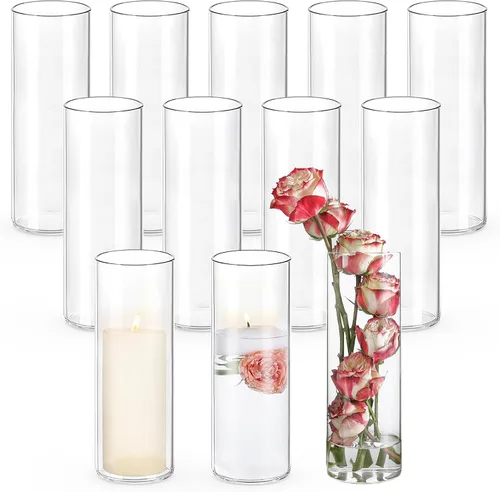 UPBUD 12 piezas de jarrones cilíndricos de vidrio para centros de mesa | Jarrón de flores alto de 10 pulgadas para decoraciones de boda, portavelas