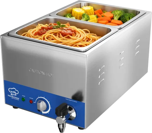 TOPKITCH Calentador de alimentos comercial de 2 bandejas con tanque de agua de formación elástica sin fugas y 2 de tamaño 1/2 GN, estación de sopa