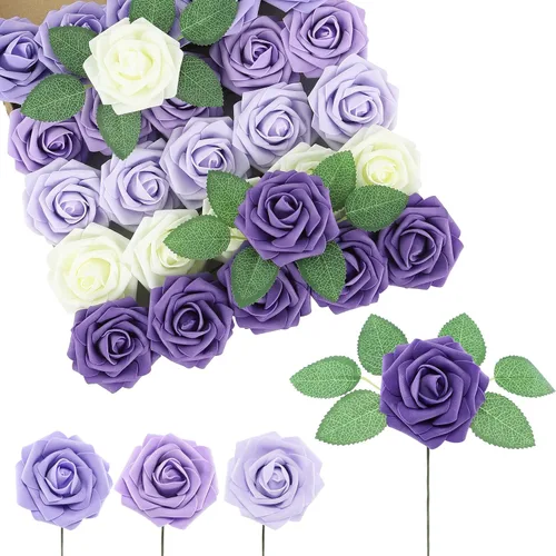 Miniatura 9 de DuHouse 25 rosas artificiales con tallos, flores de espuma de tacto real para bricolaje, ramo de boda, centro de mesa, arreglo floral, fiesta, Verde