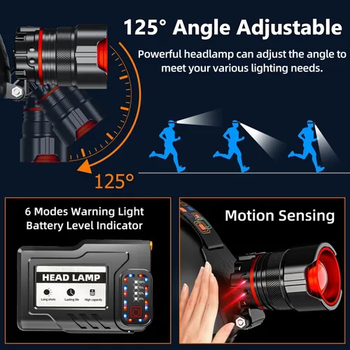 Miniatura 9 de UVER Linterna frontal LED recargable de 125° gran angular recargable, súper brillante 90000LM lámpara de cabeza con 8 modos de luz, linterna