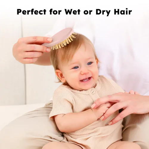 Miniatura 6 de Yoofoss Juego de 4 cepillos y peine para el pelo del bebé, cepillo de madera para el pelo del bebé con pelo de cabra ultra suave natural, juego