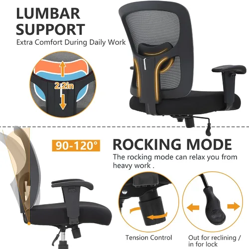 Miniatura 4 de PayLessHere Silla de escritorio ergonómica, silla de oficina, silla de computadora de 500 libras con soporte lumbar, asiento ancho, brazos de Gris