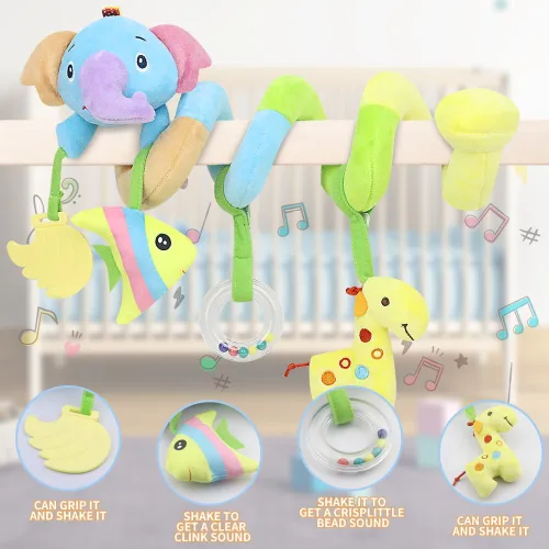 Miniatura 6 de Caterbee Juguetes de asiento de automóvil para bebé, juguete de peluche colgante suave con sonajero y mordedor, juguete de desarrollo sensorial