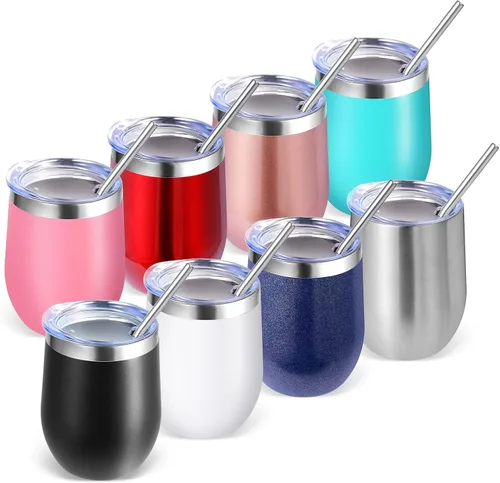 Miniatura 43 de Volhoply - Juego de 12 vasos de vino de 12 onzas con tapa, hechos de acero inoxidable con aislamiento al vacío de doble pared, vasos de vino sin Rosa