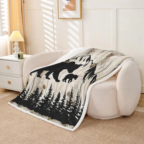 Miniatura 3 de Manfei Manta de oso negro con silueta de árbol para sofá, manta de cama temática de aventura de montaña para niños y adolescentes, decoración