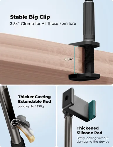 Miniatura 5 de Viozon Soporte para teléfono, brazo largo flexible, montaje superior, ángulo ajustable de 360°, aleación de aluminio, abrazadera C para cabecero