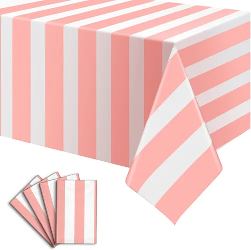 Miniatura 11 de Paquete de 4 manteles de plástico desechables impermeables de 54 x 108 pulgadas, a rayas rojas y blancas, manteles rectangulares para cumpleaños