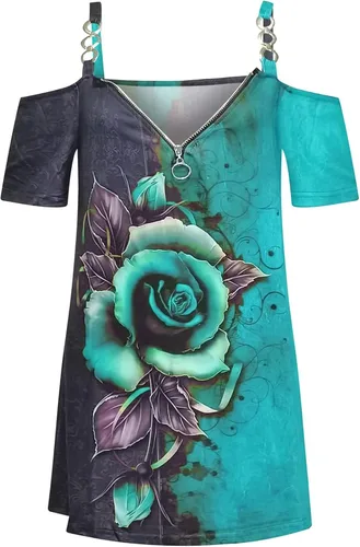 Miniatura 3 de Women's Plus Size Tops Sexy Casual Strap Cold Shoulder Shirts Loose Fit Zipper V Neck Tunics Blouse