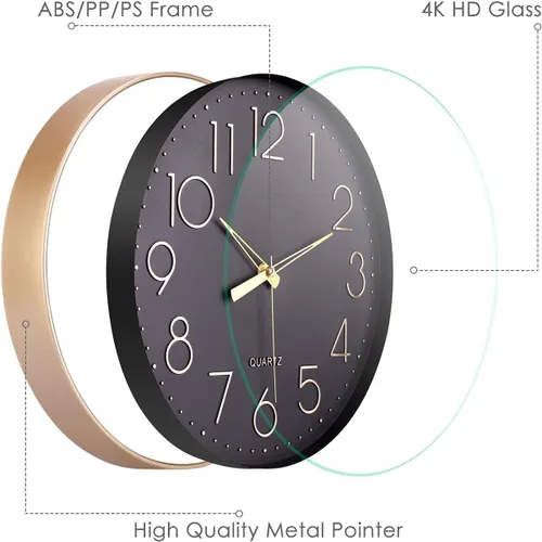 Miniatura 3 de Topkey Reloj de pared negro de 12 pulgadas, silencioso, sin tictac, reloj de pared redondo decorativo para sala de estar, dormitorio, cocina