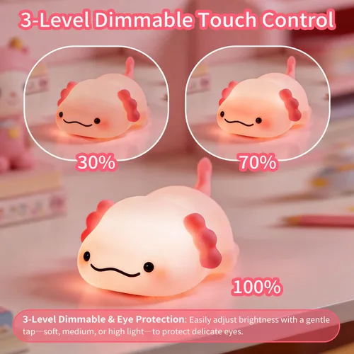 Miniatura 4 de Axolotl - Luz nocturna para niños, de silicona blanda de 3 niveles, regulable, control táctil, bonita luz nocturna con temporizador, portátil