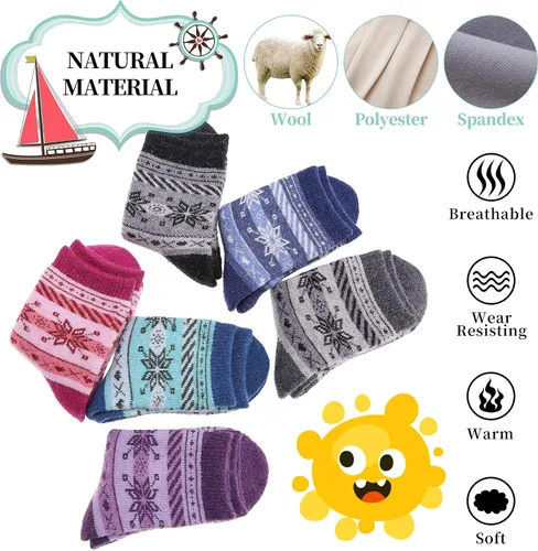 Miniatura 2 de LANLEO Calcetines de lana para niños pequeños y niñas, para senderismo, para invierno, cálidos, acogedores, gruesos, pesados, térmicos, 6 pares