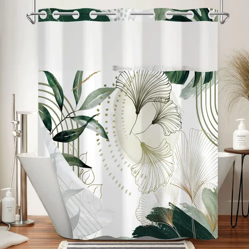 Miniatura 33 de No Hook Geometric Shower Curtain with Snap in Liner - 71″W x 74″L Waterproof Fabric with Mesh Top Window, Modern Abstract Triangle Design Bath