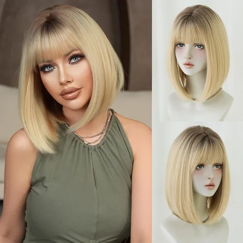 Miniatura 8 de 7JHH WIGS Peluca corta y lacia con flequillo de 12 pulgadas, peluca corta de cabello natural rubio natural con reflejos estilo Bob, cabello Peluca