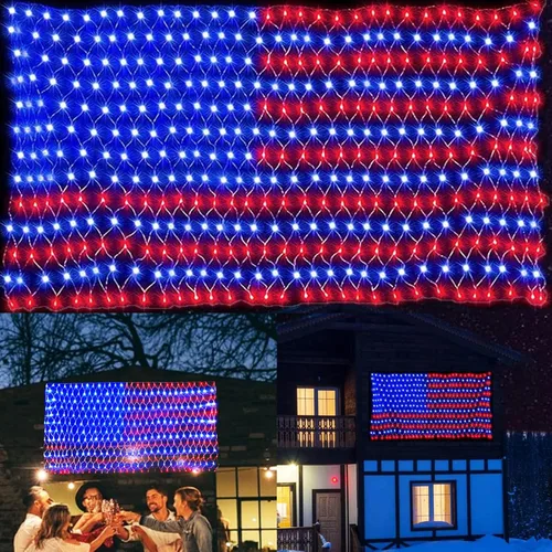 Miniatura 8 de Luces de bandera estadounidense, 420 luces LED de red de bandera de Estados Unidos, decoraciones del 4 de julio, decoración patriótica impermeable