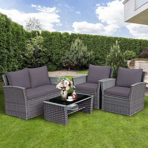 Miniatura 2 de Tangkula - Juego de muebles de patio de 4 piezas, conjunto de sofá seccional para todo clima de ratán para exteriores con cojines y mesa de cristal