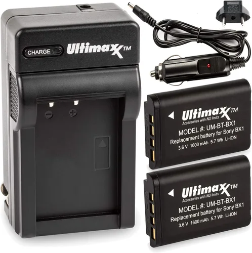 Ultimaxx Cargador rápido AC/DC para el hogar y viaje con 2 baterías BX1 de larga duración (1600 mAh) para Cyber-Shot DSC-HX95, HX99, HX350, RX1,