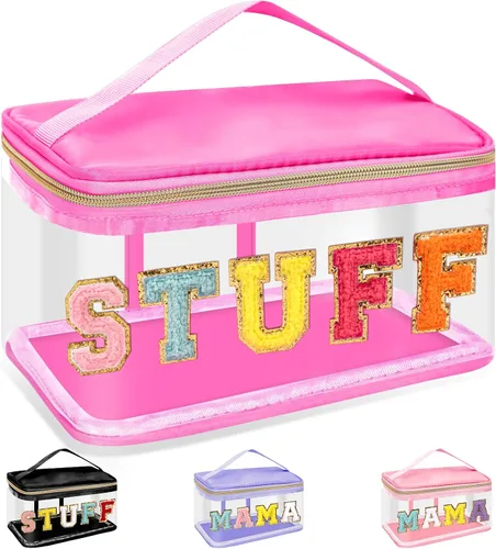 Miniatura 14 de izuzta Bolsas de maquillaje transparentes con letras de chenilla, bolsa de maquillaje de parche preppy con asa