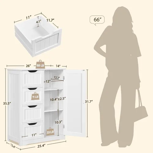 Miniatura 3 de Yaheetech Armario organizador de madera para el suelo del baño/lateral con 4 cajones y 1 armario, unidad de almacenamiento de entrada independiente