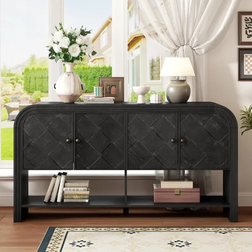 Miniatura 17 de Virubi Armario de buffet acanalado de 63 pulgadas con almacenamiento, puertas y estantes ajustables, mesa consola curva de madera con Azul marino
