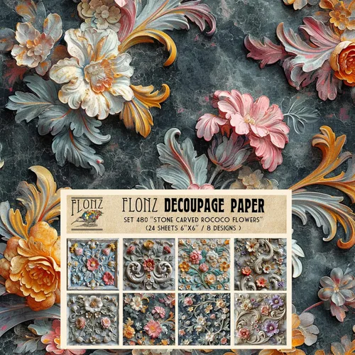 Miniatura 10 de Paquete de papel para decoupage (24 hojas 15x15 cm) Patrones florales monocromáticos FLONZ papel vintage para decoupage, manualidades y álbumes