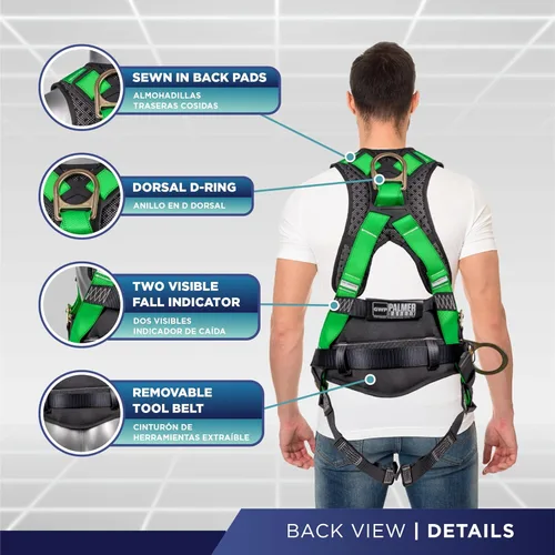 Miniatura 3 de Palmer Safety Hammerhead - Arnés de seguridad acolchado de 5 puntos, pecho QCB, correas de patas con hebilla de lengua, anillos en D traseros y Verde
