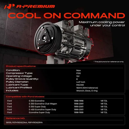 Miniatura 2 de A-Premium Compresor de aire acondicionado con embrague compatible con Ford E-450 Econoline Super Duty 1999-2001, E-350 Econoline Club Wago