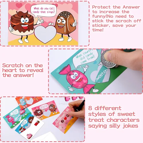 Miniatura 4 de Paquete de 40 tarjetas de chistes de San Valentín para niños con sobres, calcomanías de comida dulce, tarjetas de intercambio para el día de San