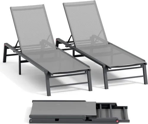 Miniatura 12 de Tumbona de aluminio para exteriores, silla plegable para patio, 2 juegos, sin montaje, sillas de piscina con 5 respaldos ajustables, sillas de salón