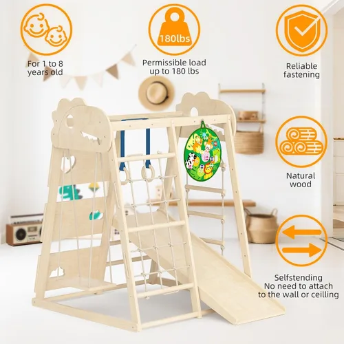 Miniatura 6 de Zona de juegos interior 8 en 1, gimnasio interior de la selva para niños, juguetes de escalada Montessori de madera con anillos, tobogán, escalera