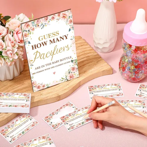 Miniatura 2 de Syhood Floral Baby Shower Games Guess How Many Pacifiers - Cartel de juego 50 pequeños juegos de adivinanzas, 20 lápices HB, botella de leche