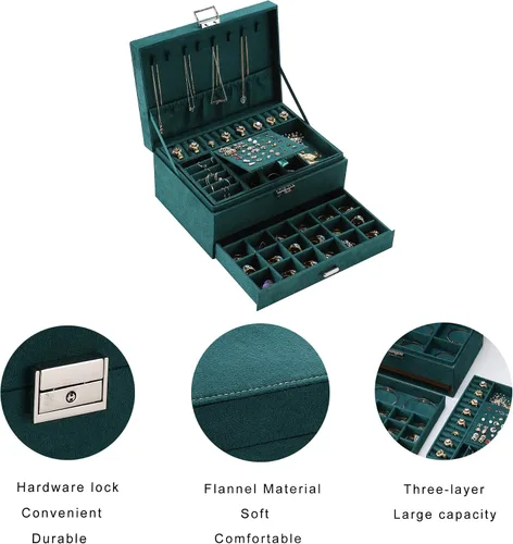 Miniatura 6 de ZUZOOQ ZUZ002A - Caja organizadora de joyas de terciopelo de 3 capas con cerradura para anillos collares aretes verde 94 x 67 x 43in