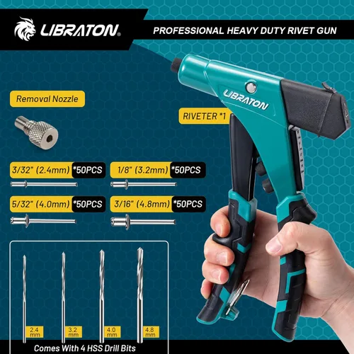 Miniatura 6 de LIBRATON Pistola de remache profesional resistente, juego de pistola de remache pop con una mano, remachadora robusta con contenedor de eje