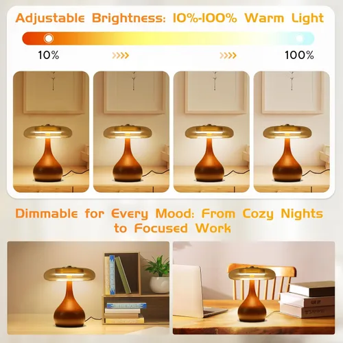 Miniatura 3 de Lámpara de mesa pequeña para dormitorio - lámpara de mesa con base de madera en forma de hongo lágrima, pantalla de vidrio ámbar, LED de tres