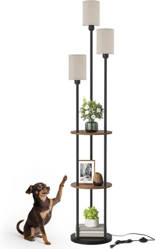 Miniatura 9 de Lámpara de pie de 180 cm con estantes, lámpara de pie moderna con 3 pantallas de lino y interruptor de pie, lámpara de pie de 3 luces, para sala