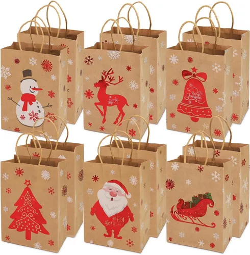 Bolsas de regalo de papel kraft de Navidad, 12 unidades de estilos variados, bolsas de papel pequeñas de Navidad con asas, bolsas de dulces de