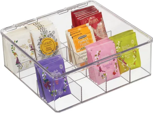 mDesign Organizador de cocina de plástico, práctica caja de almacenamiento con 12 compartimentos y tapa con bisagras, caja de almacenamiento de