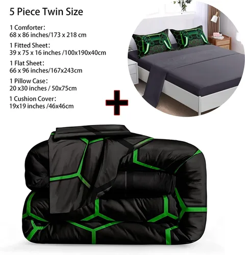 Miniatura 2 de BDUCOK Juego de edredón de 5 piezas en una bolsa para niños, adolescentes y niños, juegos de ropa de cama con estampado de panal de abeja y consola