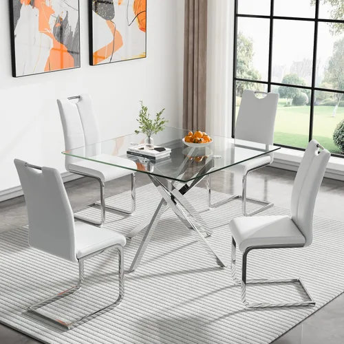 Miniatura 14 de Juego de mesa de comedor redonda de 3 piezas para 2, mesa de cocina moderna de vidrio plateado y sillas para 2 con sillas tapizadas, juego de mesa