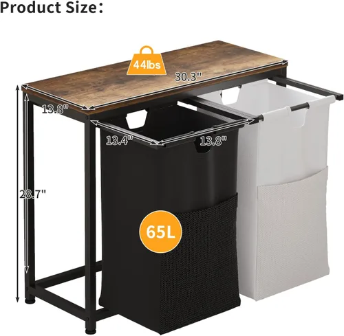 Miniatura 7 de LIVEHOM Cesta de Lavandería Doble Canasta de Ropa Sucia con Bolsas Removibles, Asas de Tela, Estante Superior Grande y Bolsa de Lavandería
