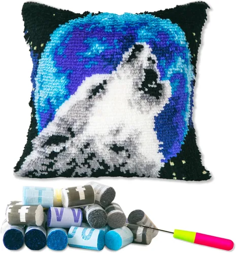 LAPATAIN Kits de ganchos de pestillo para funda de almohada de bricolaje, funda de cojín de costura, ganchillo artesanal para gran familia, lobo de
