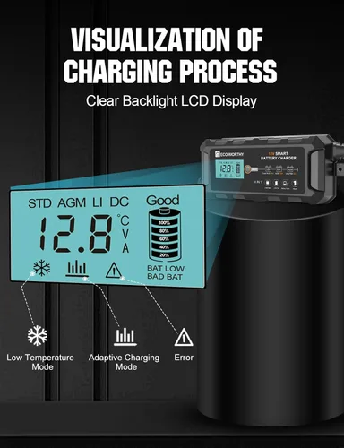 Miniatura 5 de ECO-WORTHY Cargador de batería LiFePO4 10A de 12 V, cargador y mantenedor de batería de litio inteligente, cargador de goteo y desulfatador