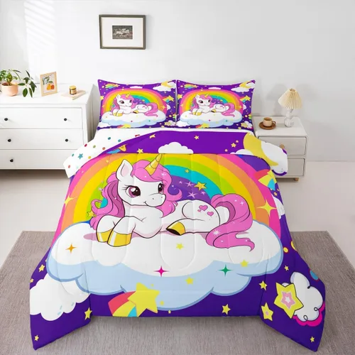 Miniatura 9 de Feelyou Juego de ropa de cama de unicornio para niñas, bonito edredón con purpurina de unicornio de dibujos animados arco iris para niños, juego