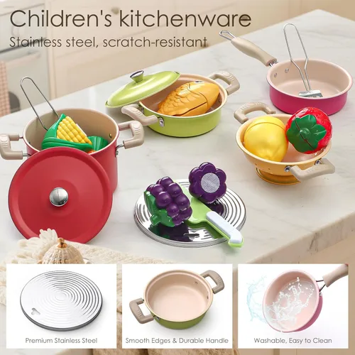Miniatura 3 de Golray Juego de accesorios de cocina, juego de cocina para niños con ollas y sartenes, utensilios de cocina, juguetes, organizador, juego de comida