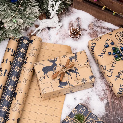 Miniatura 3 de RUSPEPA - Rollos de papel de regalo de Navidad - Mini rollo - 17 pulgadas x 10 pies por rollo, total de 3 rollos - Diseño de renos y copos de nieve