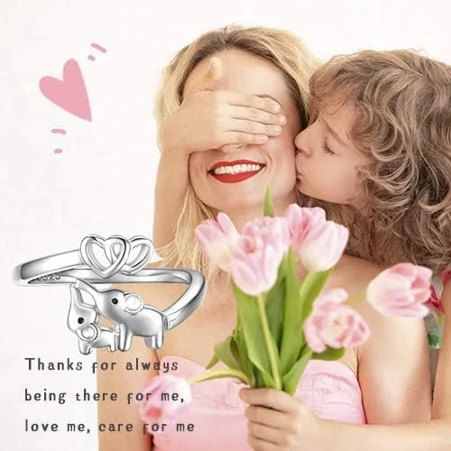 Miniatura 6 de Anillo de Elefante Mamá Hija Plata de Ley 925 Ajustable Anillos de Dedo Corazón de Amor Colgante para Mujeres Esposa Mamá Nana Hija Regalo de Joyería